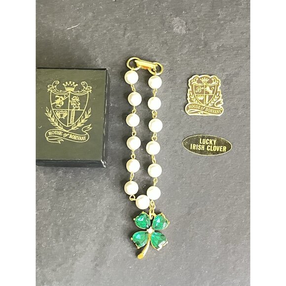 Vtg House Of Borvani Lucky Charm Bracelet 4 Leaf Clover Faux Pearls Green Glass - Picture 3 of 9